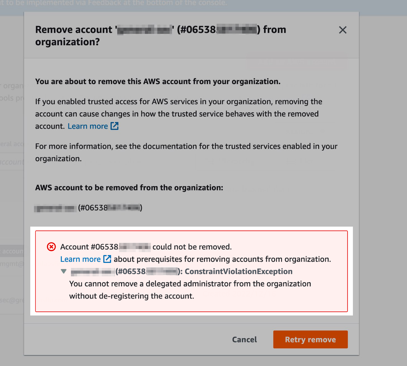 AWS Organization의 ConstraintViolationException 에러 화면