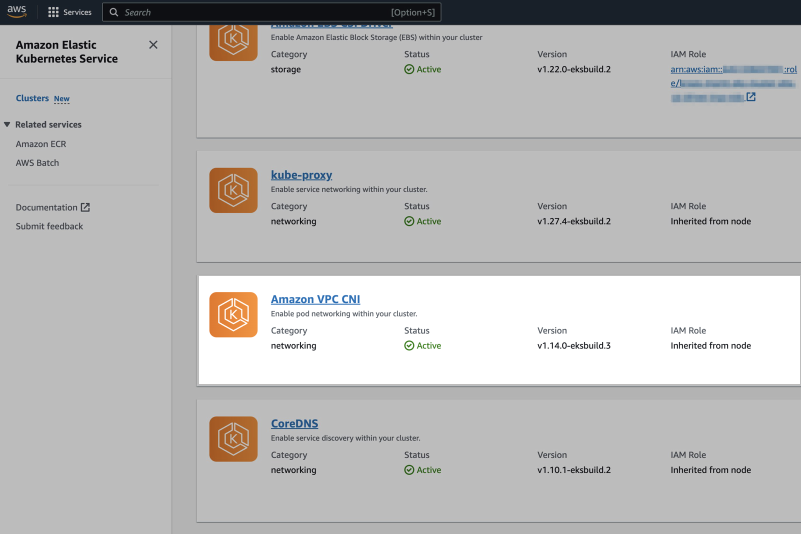 AWS 콘솔에서 확인한 VPC CNI 버전